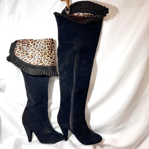 Hot In Hollywood-Black Leather Over Knee 4" Heels-Cheetah Print Inside-Ruffle-6M - Picture 3 of 16